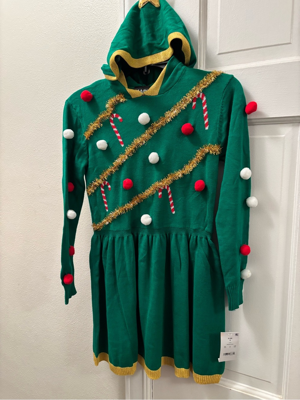 MAD Engine Green Holiday Tree Hoodie Dress with Red & White Pom Poms
Size 6/6X